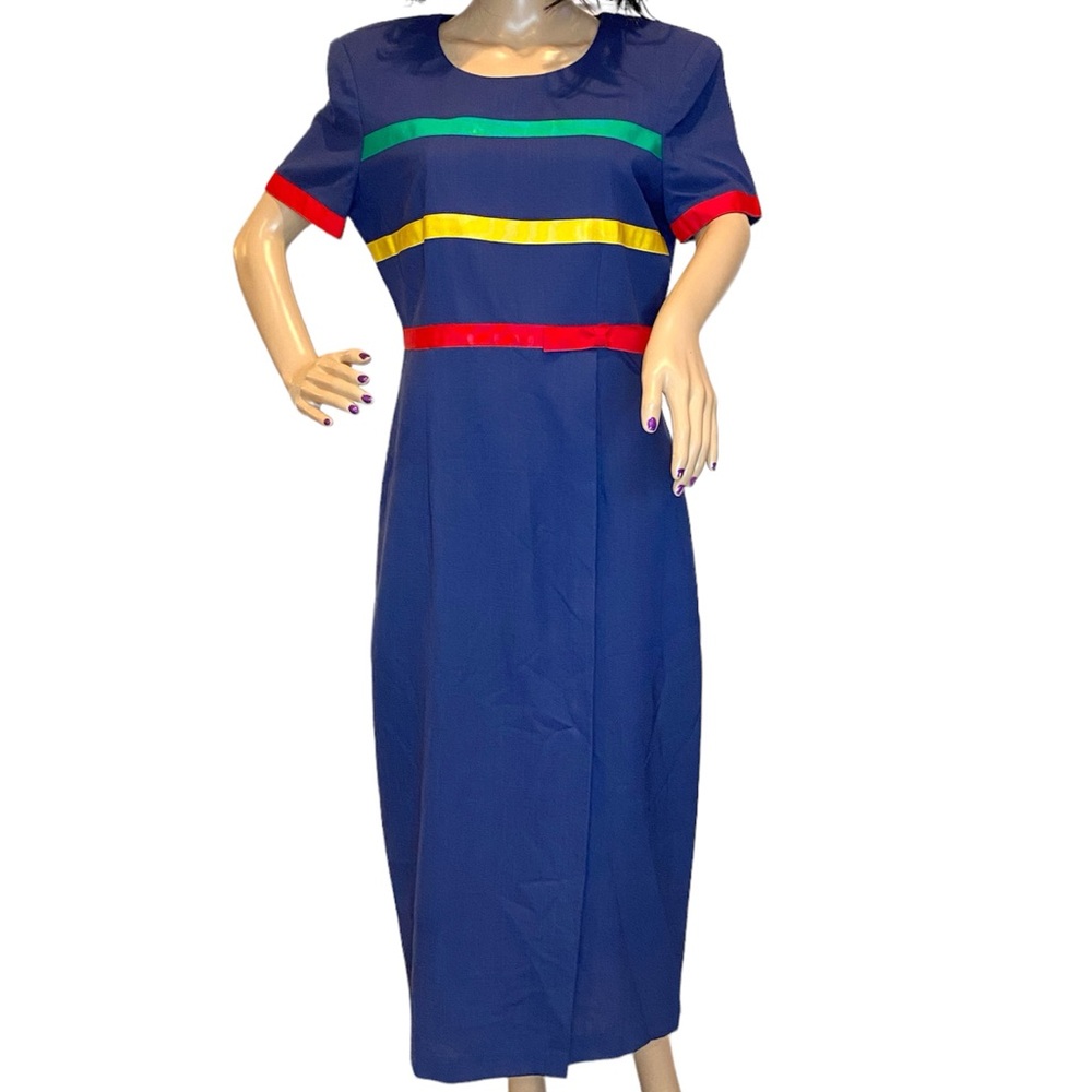 Leslie Lucks 90s Vintage Retro 3 Colored Stripe Faux Wrap Maxi Dress Size 10 VGC